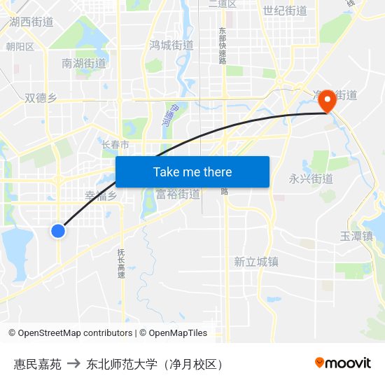 惠民嘉苑 to 东北师范大学（净月校区） map