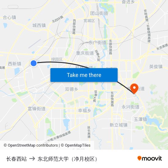 长春西站 to 东北师范大学（净月校区） map