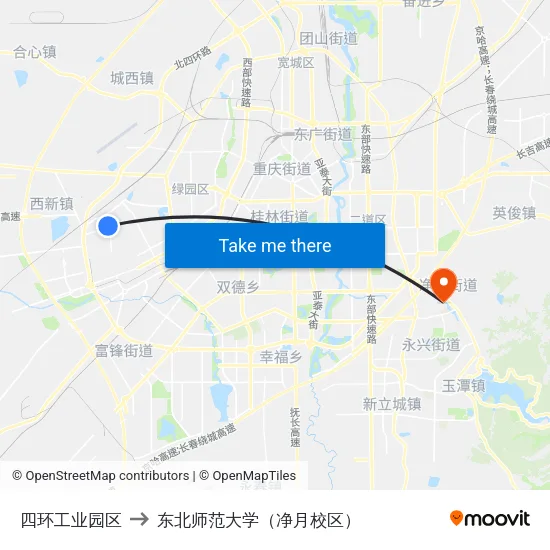 四环工业园区 to 东北师范大学（净月校区） map