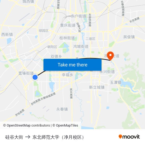 硅谷大街 to 东北师范大学（净月校区） map