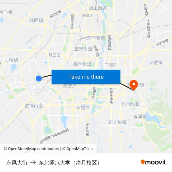东风大街 to 东北师范大学（净月校区） map