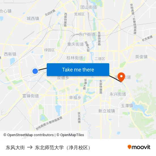 东风大街 to 东北师范大学（净月校区） map