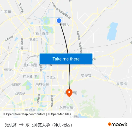 光机路 to 东北师范大学（净月校区） map