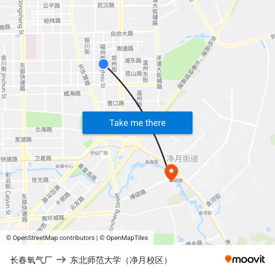 长春氧气厂 to 东北师范大学（净月校区） map