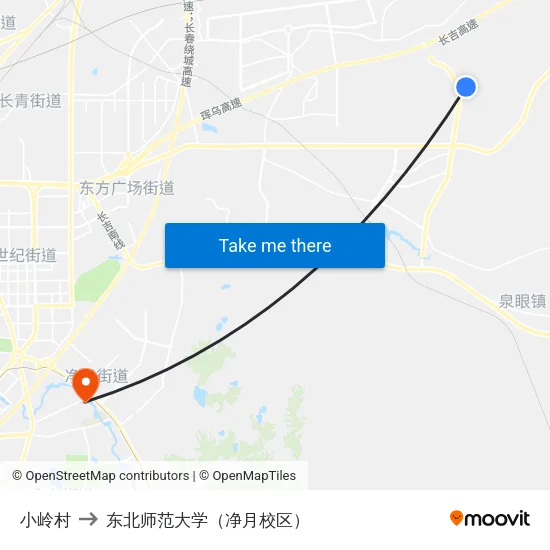 小岭村 to 东北师范大学（净月校区） map