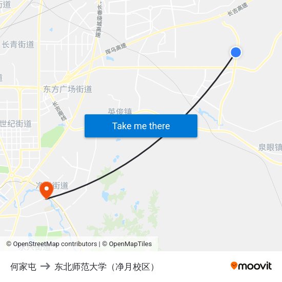何家屯 to 东北师范大学（净月校区） map