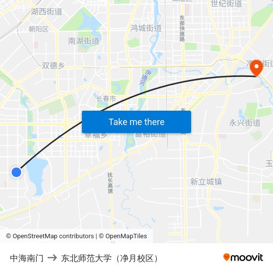 中海南门 to 东北师范大学（净月校区） map