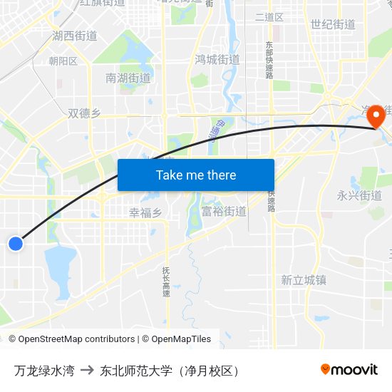 万龙绿水湾 to 东北师范大学（净月校区） map