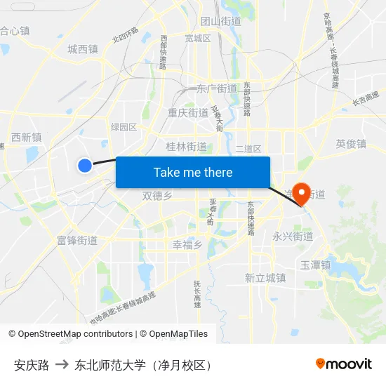 安庆路 to 东北师范大学（净月校区） map