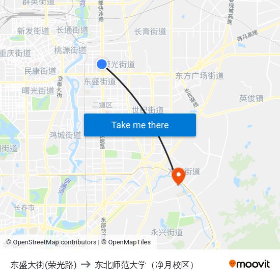 东盛大街(荣光路) to 东北师范大学（净月校区） map