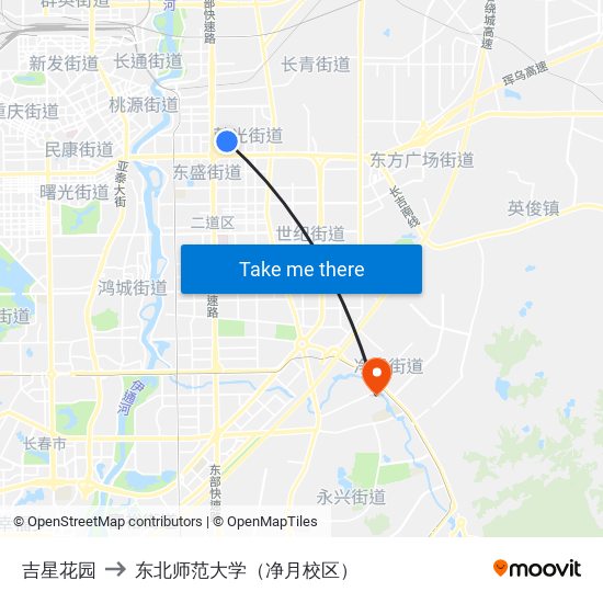 吉星花园 to 东北师范大学（净月校区） map