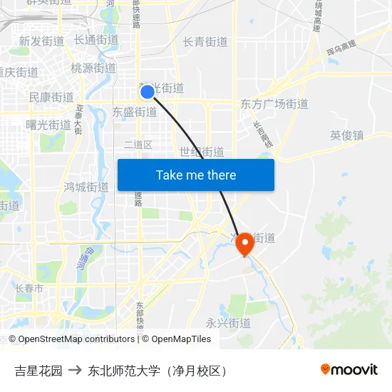 吉星花园 to 东北师范大学（净月校区） map