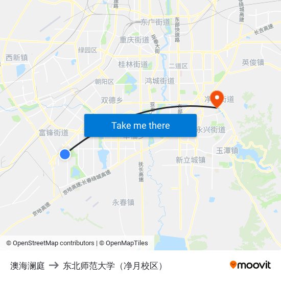 澳海澜庭 to 东北师范大学（净月校区） map