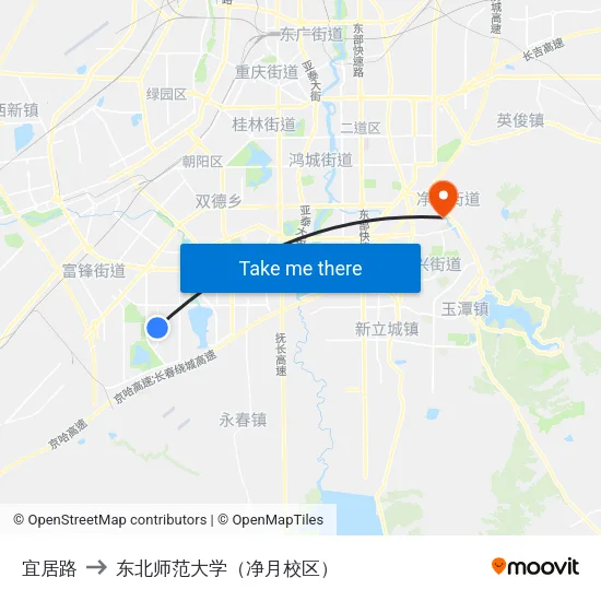 宜居路 to 东北师范大学（净月校区） map