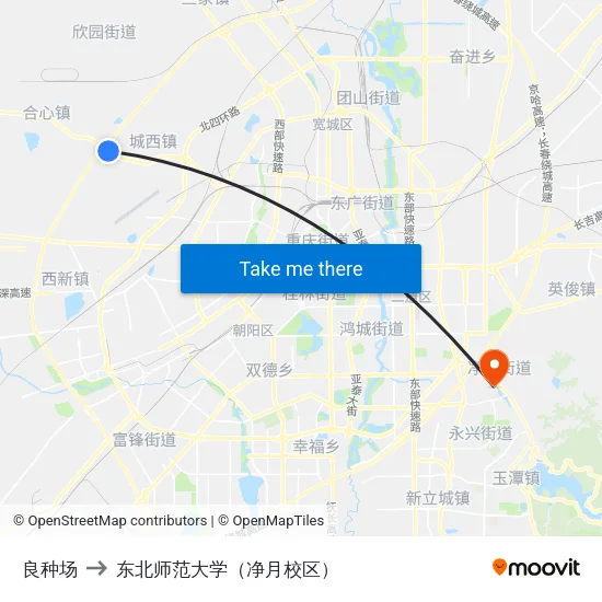 良种场 to 东北师范大学（净月校区） map