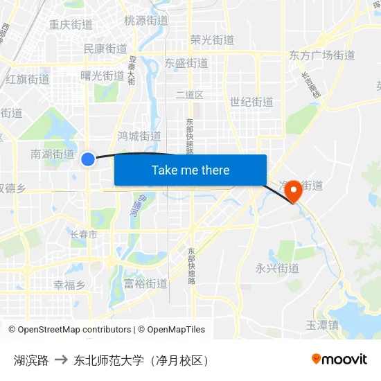 湖滨路 to 东北师范大学（净月校区） map