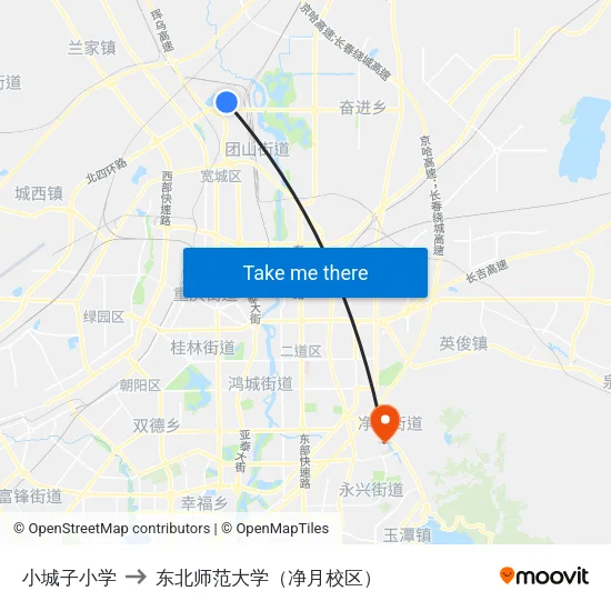小城子小学 to 东北师范大学（净月校区） map