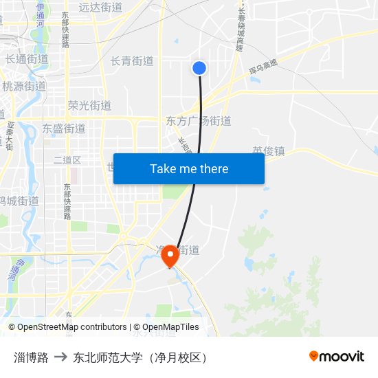 淄博路 to 东北师范大学（净月校区） map