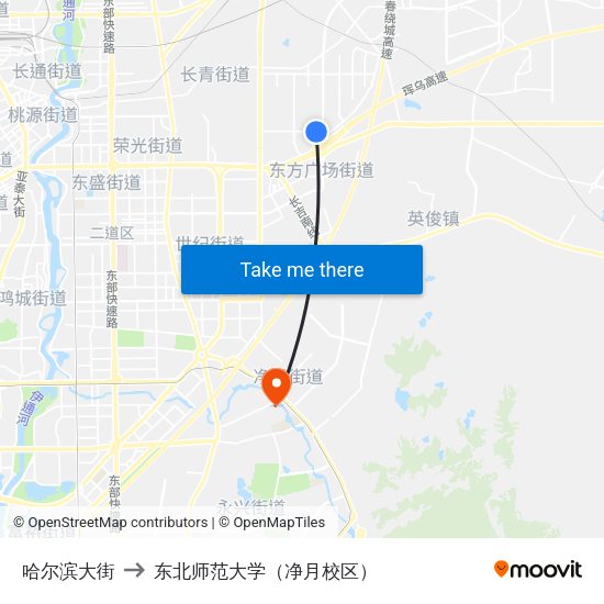 哈尔滨大街 to 东北师范大学（净月校区） map