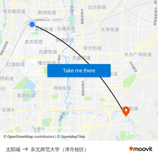 太阳城 to 东北师范大学（净月校区） map