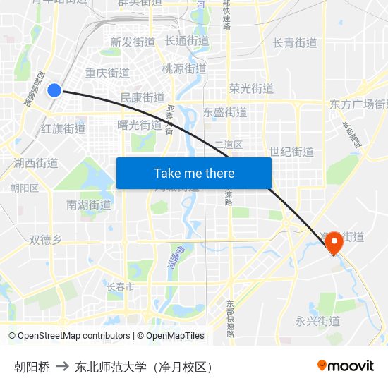 朝阳桥 to 东北师范大学（净月校区） map