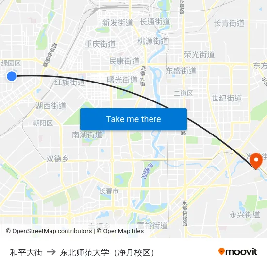 和平大街 to 东北师范大学（净月校区） map