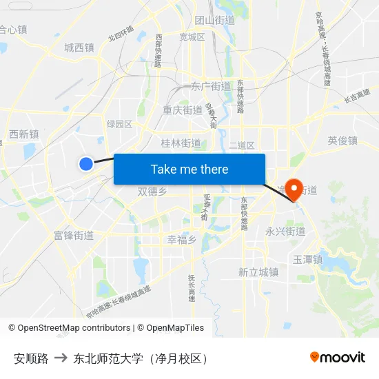 安顺路 to 东北师范大学（净月校区） map