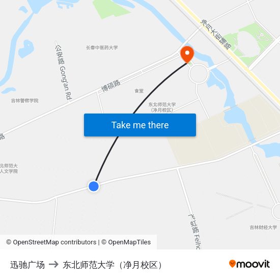 迅驰广场 to 东北师范大学（净月校区） map