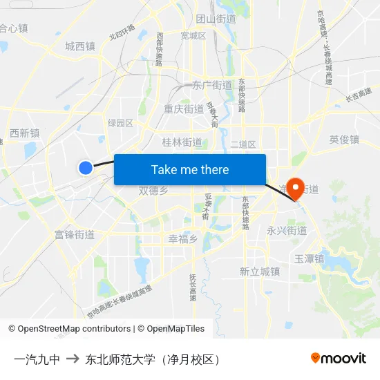 一汽九中 to 东北师范大学（净月校区） map