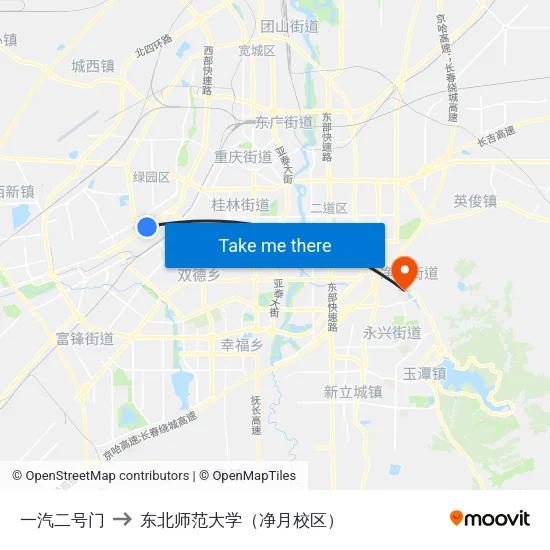 一汽二号门 to 东北师范大学（净月校区） map