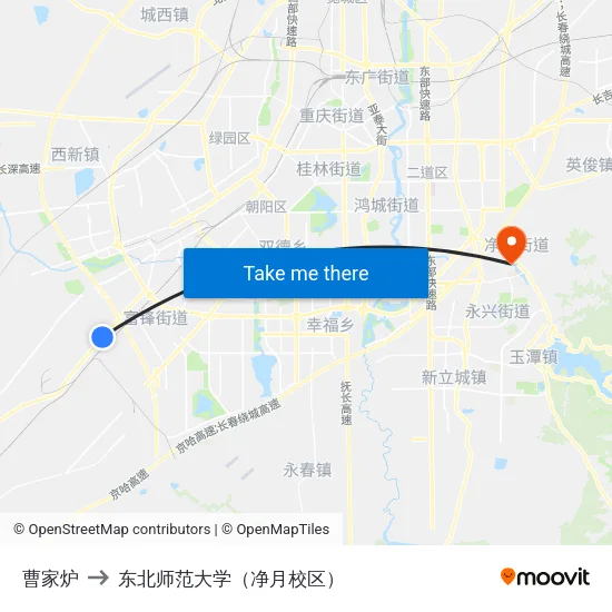 曹家炉 to 东北师范大学（净月校区） map