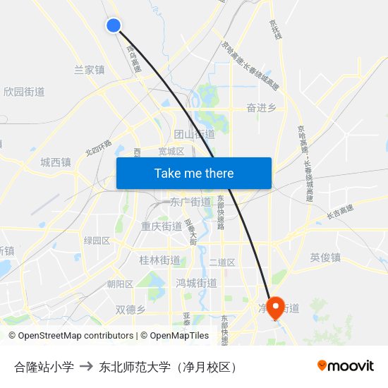 合隆站小学 to 东北师范大学（净月校区） map