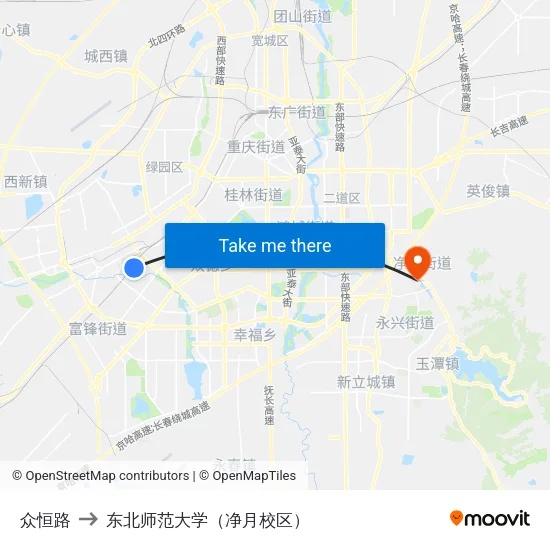 众恒路 to 东北师范大学（净月校区） map