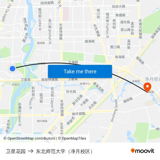 卫星花园 to 东北师范大学（净月校区） map