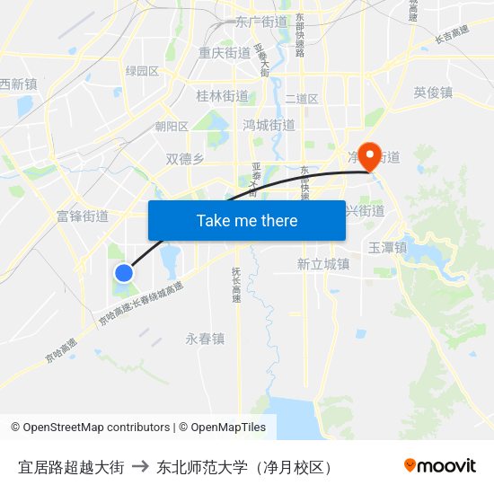 宜居路超越大街 to 东北师范大学（净月校区） map
