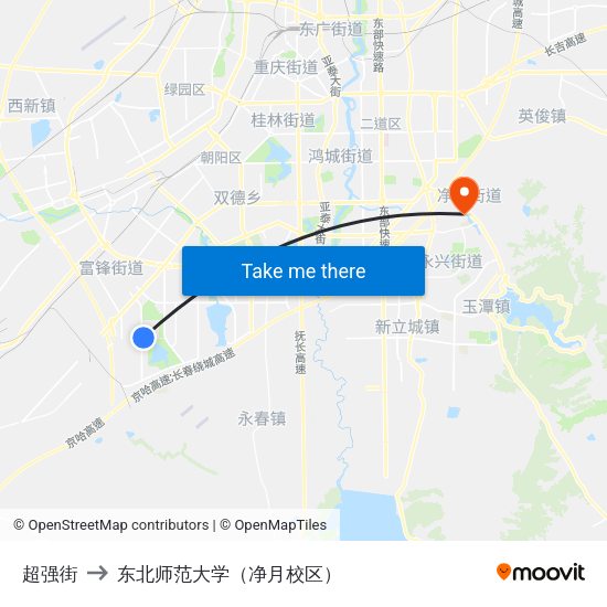 超强街 to 东北师范大学（净月校区） map