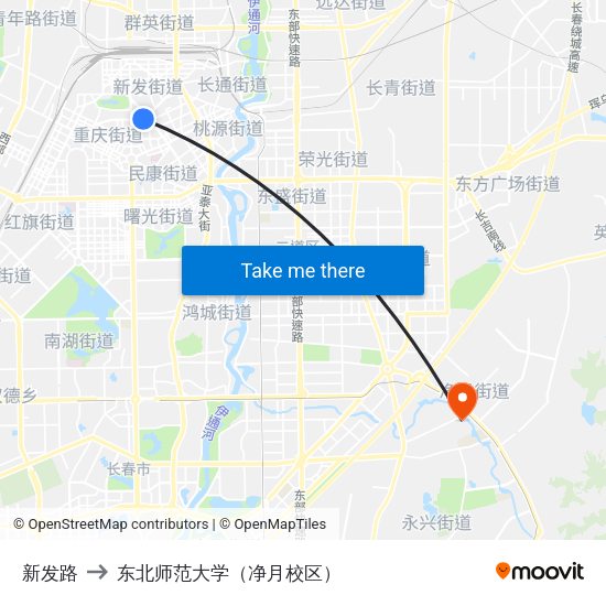 新发路 to 东北师范大学（净月校区） map