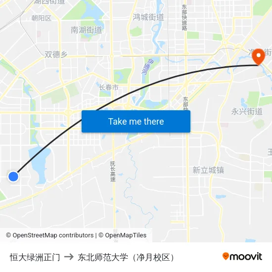 恒大绿洲正门 to 东北师范大学（净月校区） map