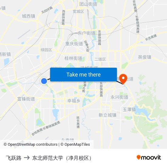 飞跃路 to 东北师范大学（净月校区） map