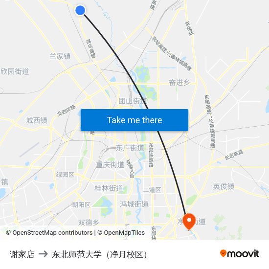 谢家店 to 东北师范大学（净月校区） map