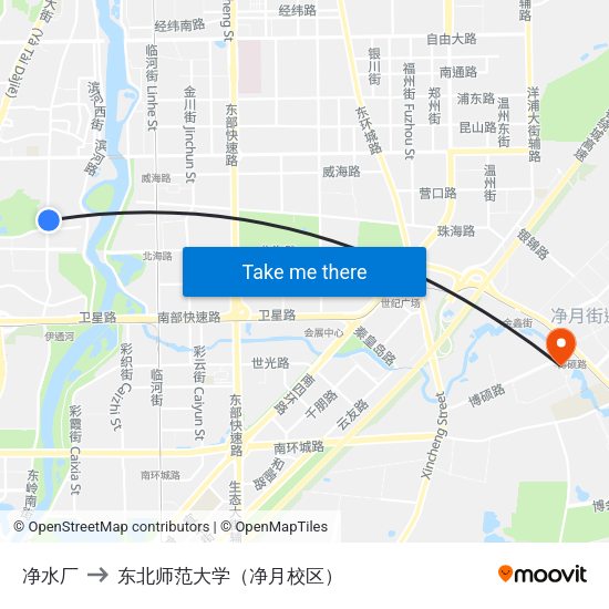 净水厂 to 东北师范大学（净月校区） map