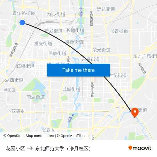 花园小区 to 东北师范大学（净月校区） map