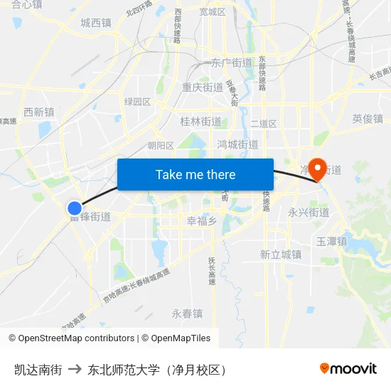凯达南街 to 东北师范大学（净月校区） map