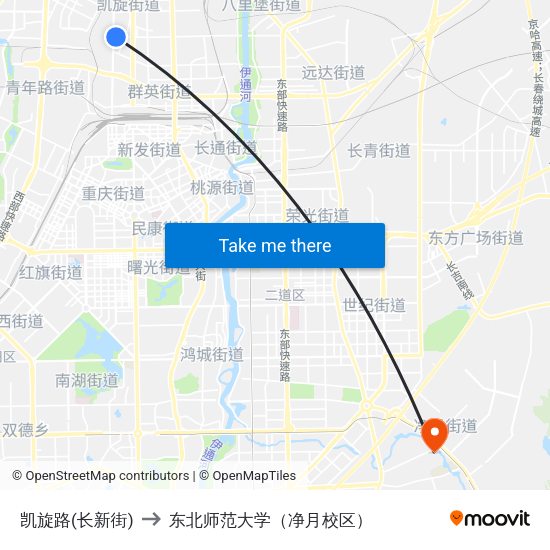 凯旋路(长新街) to 东北师范大学（净月校区） map