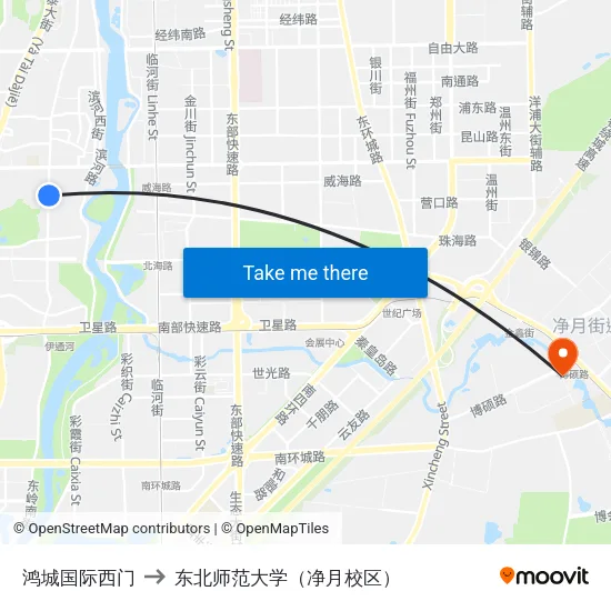 鸿城国际西门 to 东北师范大学（净月校区） map