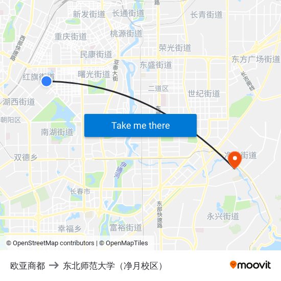 欧亚商都 to 东北师范大学（净月校区） map