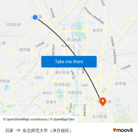 贝家 to 东北师范大学（净月校区） map