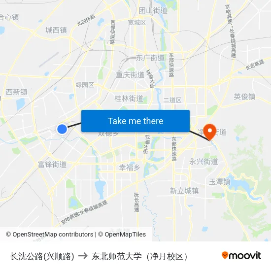 长沈公路(兴顺路) to 东北师范大学（净月校区） map