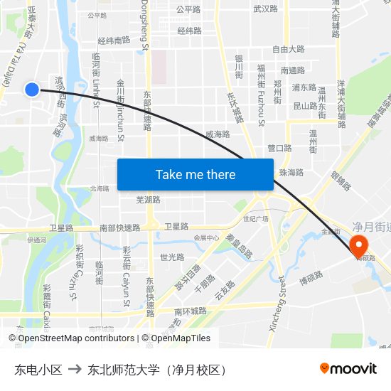 东电小区 to 东北师范大学（净月校区） map