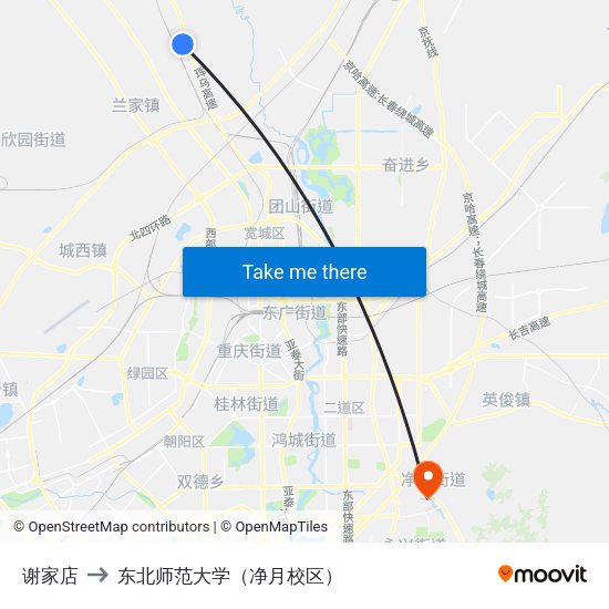 谢家店 to 东北师范大学（净月校区） map